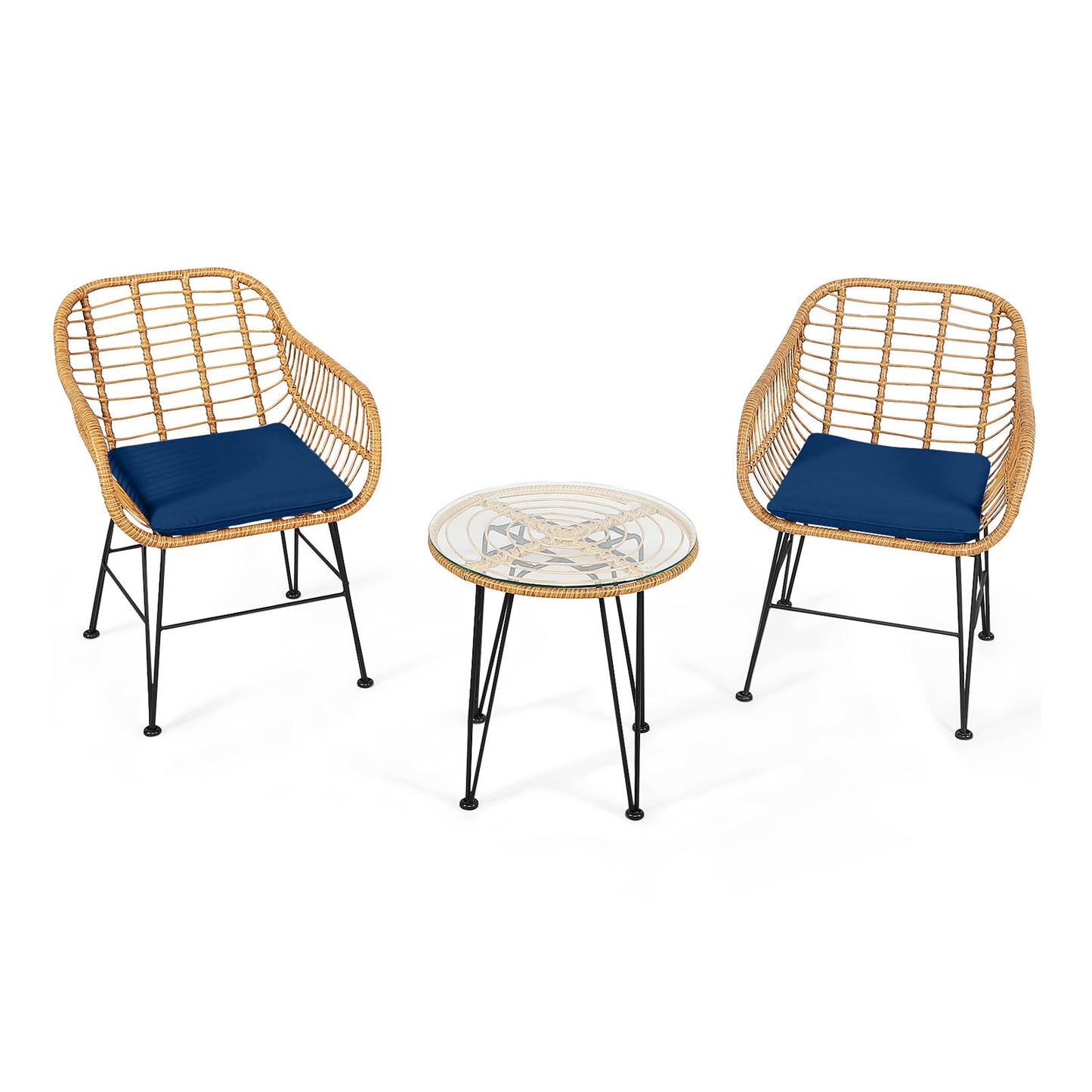 3 Pieces Rattan Furniture Set with Cushioned Chair Table- DirectDeals- {{Product type}}