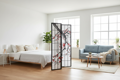 Black Plum Blossom Japanese 4-Panel Screen Room Divider - - room divider