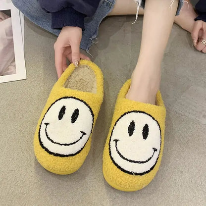 Cute Smile Pattern Fluffy Slippers Yellow