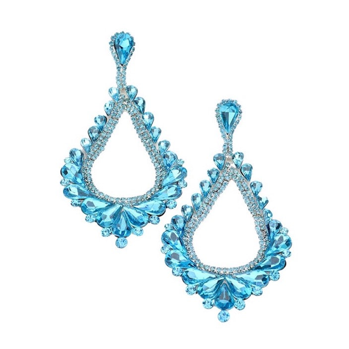 Oversized Cut Out Cluster Vine Accented Teardrop Earrings - Aqua - Earrings