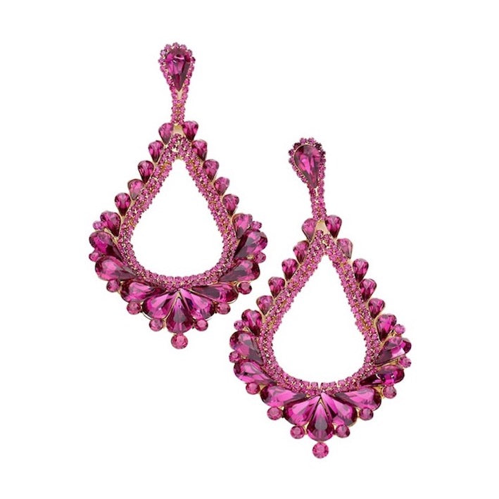 Oversized Cut Out Cluster Vine Accented Teardrop Earrings - Fuchsia - Earrings