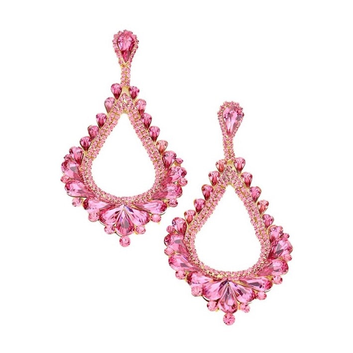 Oversized Cut Out Cluster Vine Accented Teardrop Earrings - Pink - Earrings