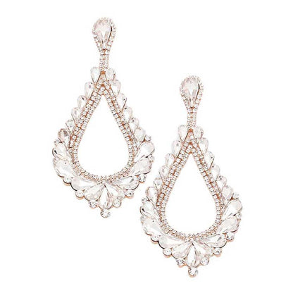 Oversized Cut Out Cluster Vine Accented Teardrop Earrings - Rose Gold - Earrings