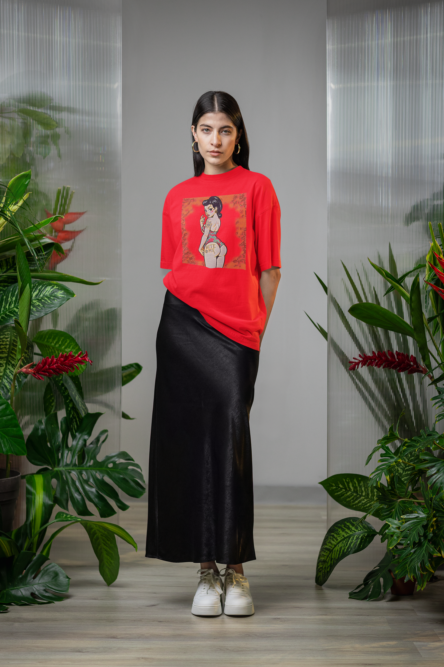 Bite Me Pin Up Slim Fit Graphic Tee - Solid Red - Slim Fit Graphic Tee