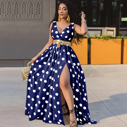 Polka Dot Sleeveless Slit Dress - - dress