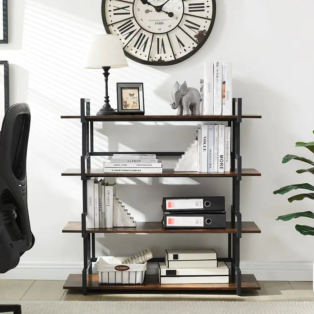 Industrial 4-tier Bookshelves, Metal And Wood Bookshelves, Open Widescreen Display Storage Bookshelves Kia Day Design