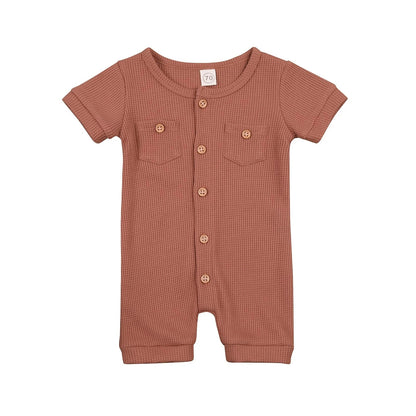 Solid Color Short Sleeve Round Neck Button Baby Playsuit Kia Day Design