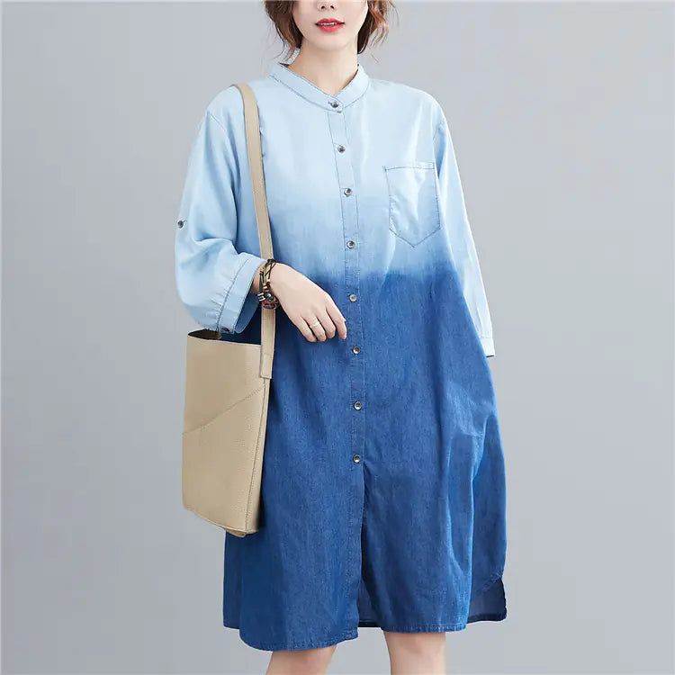 Gradient Color Denim Shirt - Versatile Mid-Length Style Kia Day Design