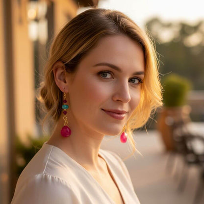Gold Filled Wire Wrapped Pink Turquoise Gemstone Earrings - - Earrings
