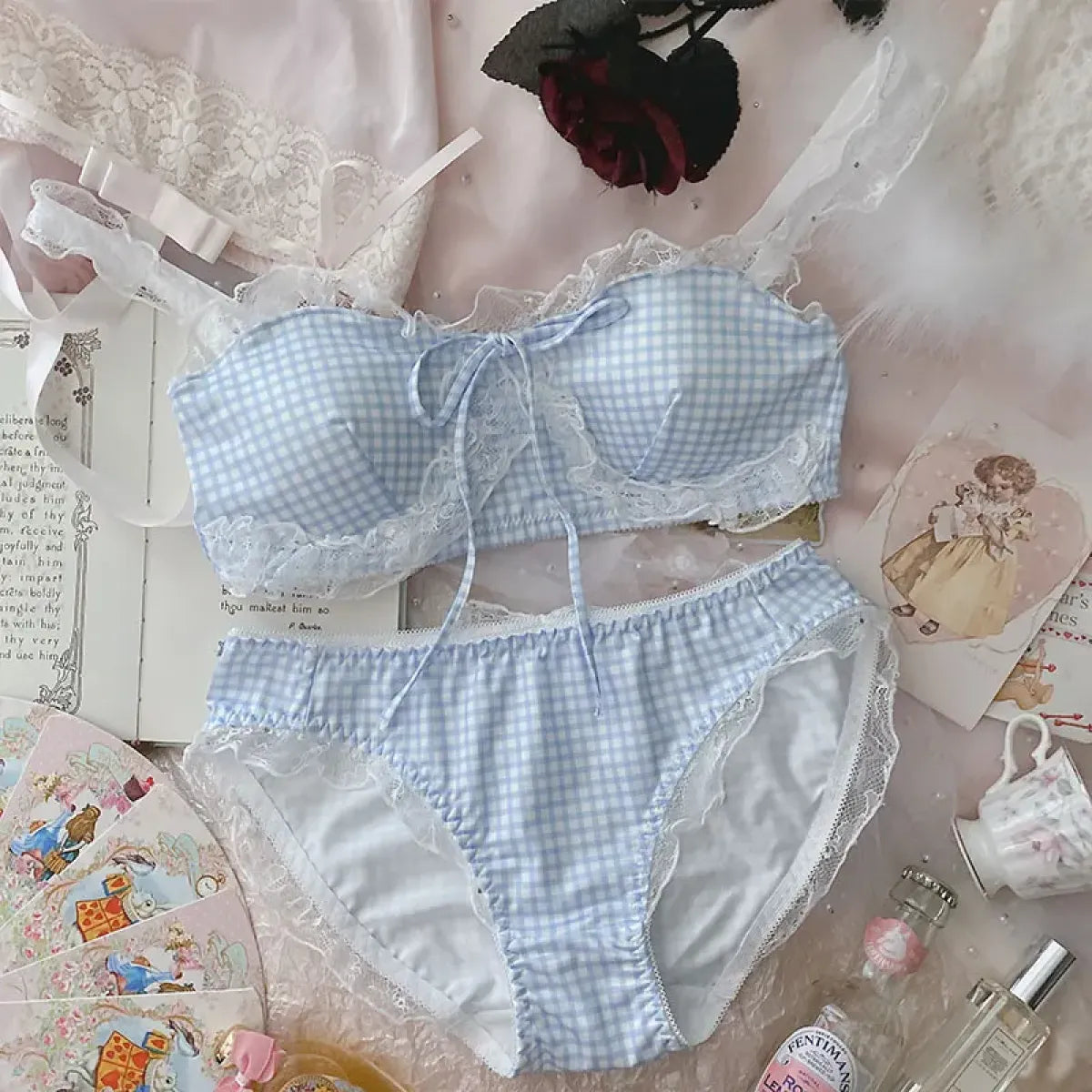 Harajuku Kawaii Fashion Pastel Gingham Lingerie Set - Blue - Clothing Sets