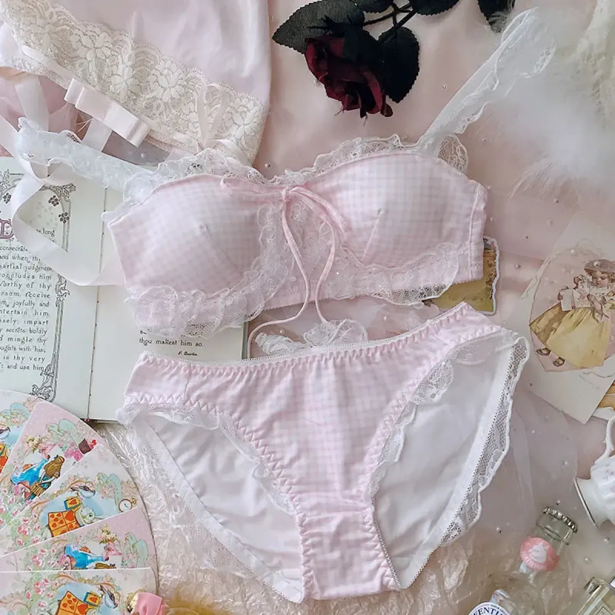 Harajuku Kawaii Fashion Pastel Gingham Lingerie Set - Pink - Clothing Sets