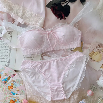 Harajuku Kawaii Fashion Pastel Gingham Lingerie Set - Pink - Clothing Sets