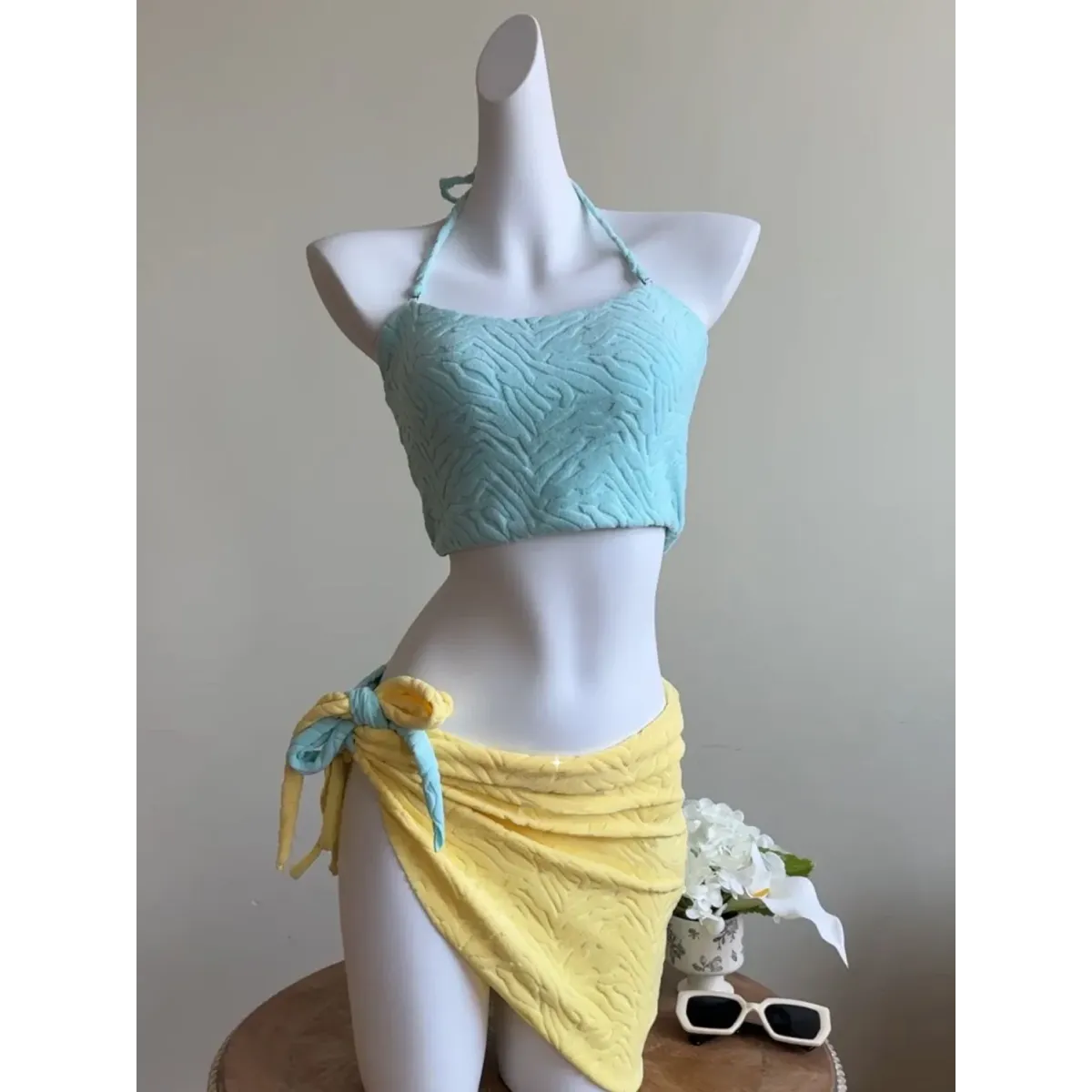 Patchwork Halter Bikini – Korean 3PCS Swimsuit with Skirt - Blue - Swimwear