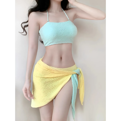 Patchwork Halter Bikini – Korean 3PCS Swimsuit with Skirt - - Swimwear