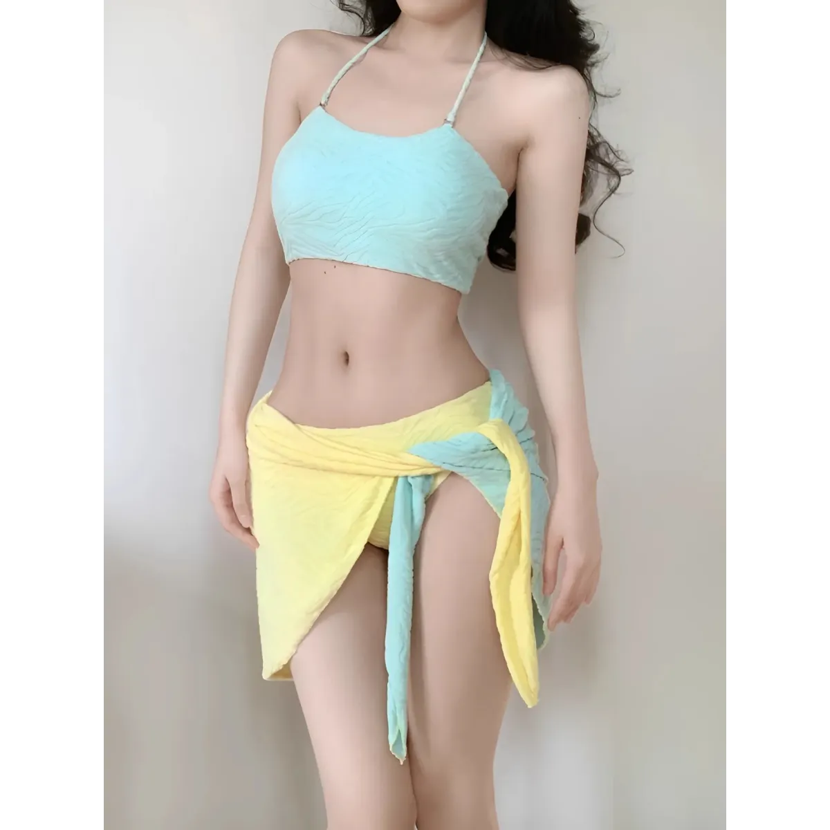 Patchwork Halter Bikini – Korean 3PCS Swimsuit with Skirt - - Swimwear