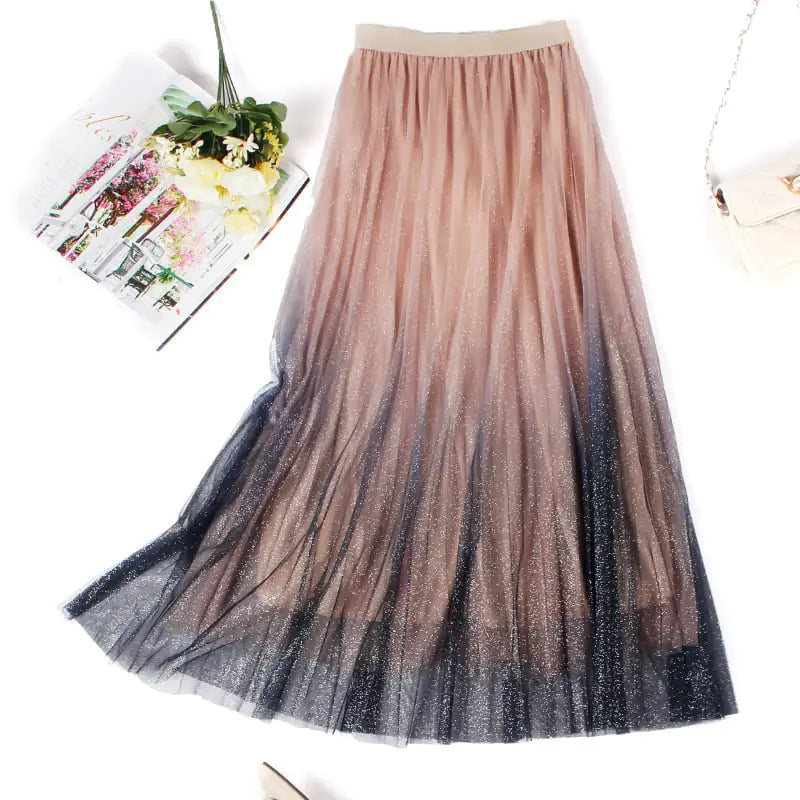 High-Waisted Pleated Skirt with Gradient Mesh Design - Kia Day Design