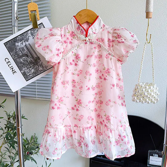Summer Pearl Crystal Button Qipao Dress for Girls - Kia Day Design