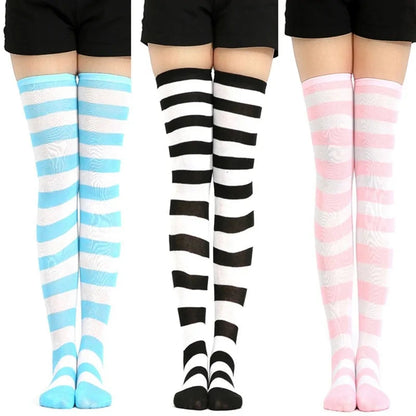 Kawaii Lolita Cotton Striped Thigh High Socks Kia Day Design