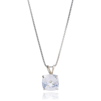 MAX + STONE 925 Sterling Silver 8mm Cushion Cut April Birthstone Created White Sapphire Solitaire Pendant Necklace for Women with 18 inch Box Chain