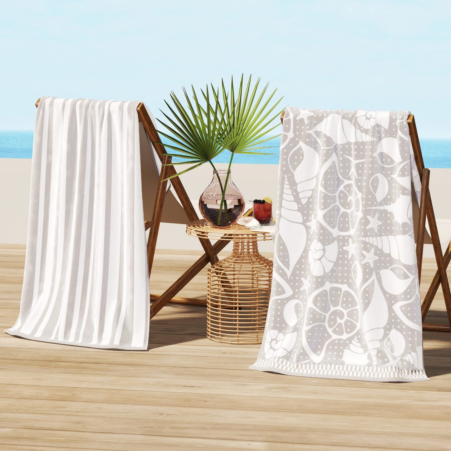 Cotton Velour Beach Towel - Maui Collection - 2 Pack- 30" x 60" Grey White Seashells Stripe - Beach Towels