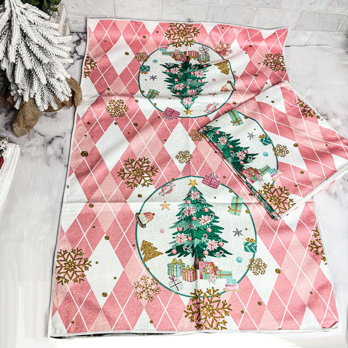 Pink Christmas Dish Towels Set - Absorbent Quick-Dry Cotton Kitchen Towels - - Christmas