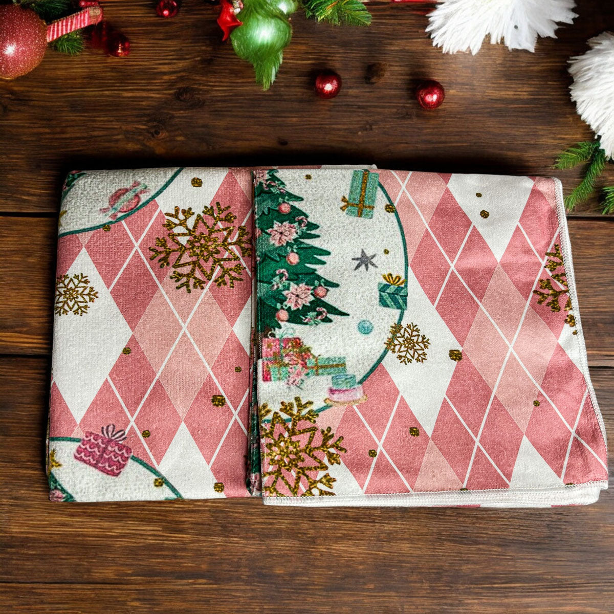 Pink Christmas Dish Towels Set - Absorbent Quick-Dry Cotton Kitchen Towels - - Christmas