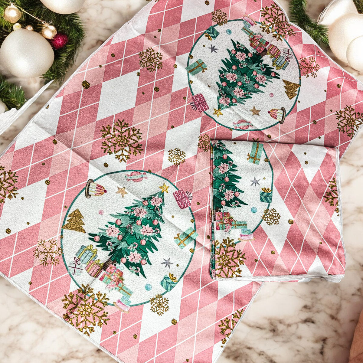 Pink Christmas Dish Towels Set - Absorbent Quick-Dry Cotton Kitchen Towels - - Christmas