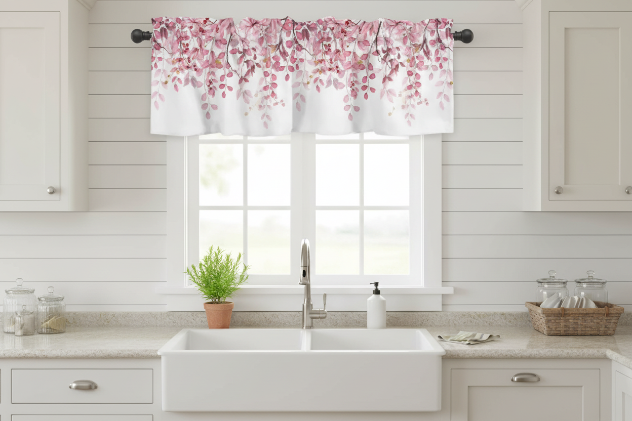Pink Eucalyptus Leaves Berry Branch Valance Rod Pocket Panel - - curtains