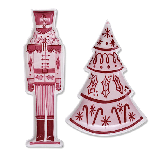 Pink & Red Nutcracker and Tree Ceramic Tidbit Plate - - plates