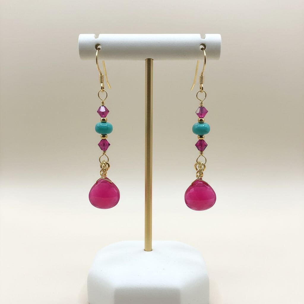 Gold Filled Wire Wrapped Pink Turquoise Gemstone Earrings - - Earrings
