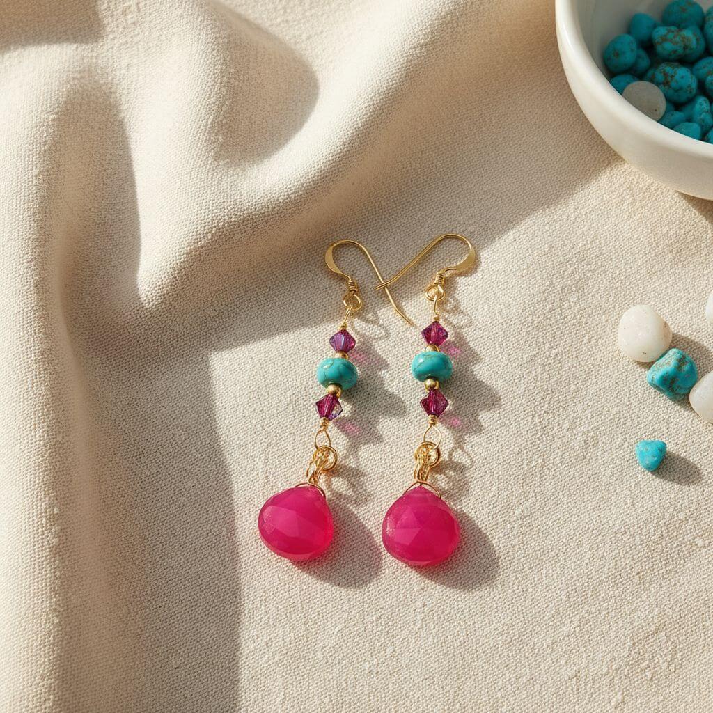 Gold Filled Wire Wrapped Pink Turquoise Gemstone Earrings - - Earrings