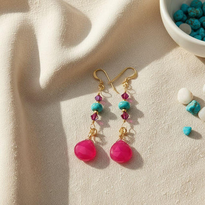 Gold Filled Wire Wrapped Pink Turquoise Gemstone Earrings - - Earrings