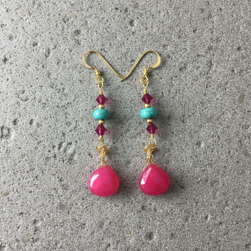 Gold Filled Wire Wrapped Pink Turquoise Gemstone Earrings - - Earrings