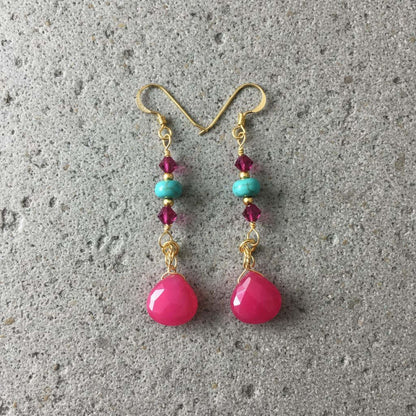 Gold Filled Wire Wrapped Pink Turquoise Gemstone Earrings - - Earrings