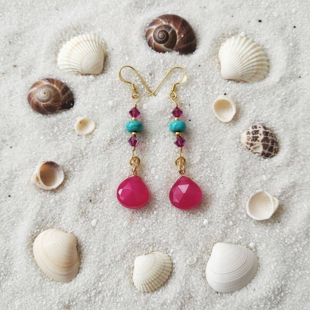 Gold Filled Wire Wrapped Pink Turquoise Gemstone Earrings - - Earrings