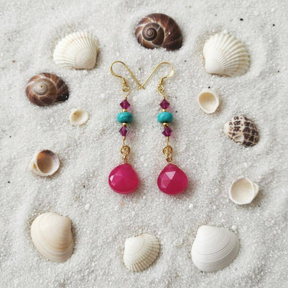 Gold Filled Wire Wrapped Pink Turquoise Gemstone Earrings - - Earrings