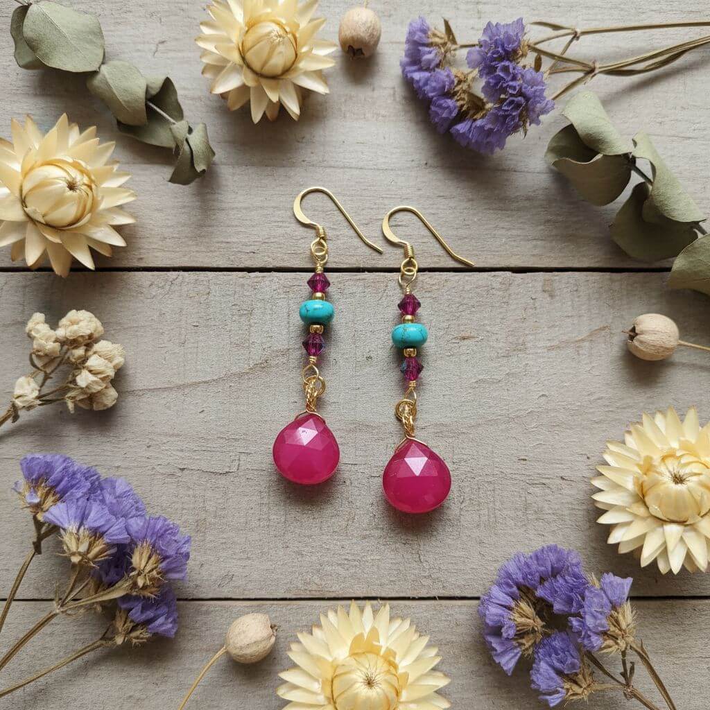 Gold Filled Wire Wrapped Pink Turquoise Gemstone Earrings - - Earrings