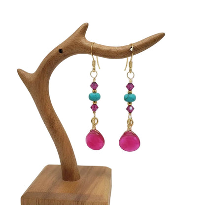 Gold Filled Wire Wrapped Pink Turquoise Gemstone Earrings - - Earrings