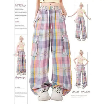 Pastel Plaid Cargo Pants – Y2K Harajuku Streetwear Aesthetic - Plaid - Women's Pants