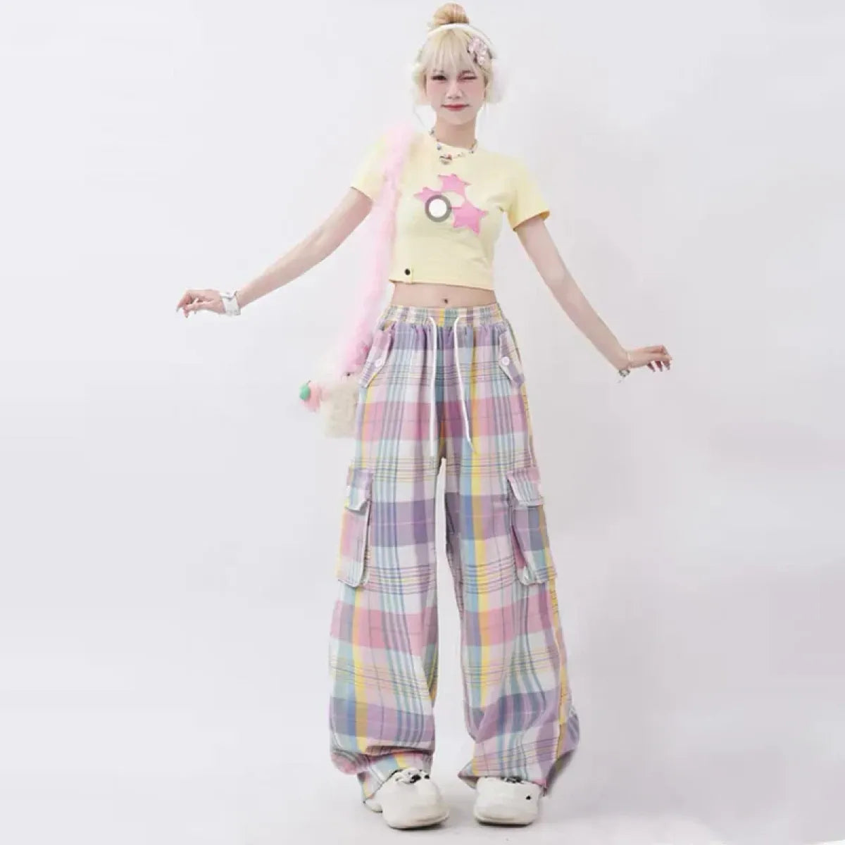 Pastel Plaid Cargo Pants – Y2K Harajuku Streetwear Aesthetic - - Women's Pants
