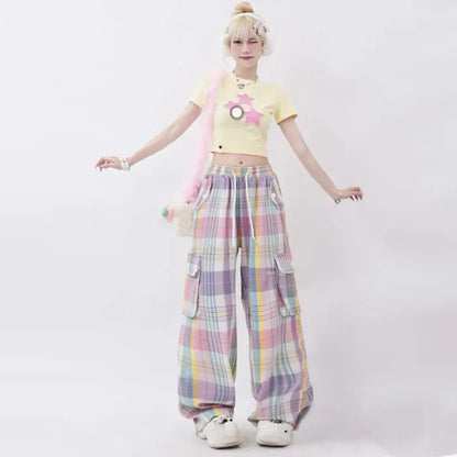 Pastel Plaid Cargo Pants – Y2K Harajuku Streetwear Aesthetic - - Women's Pants