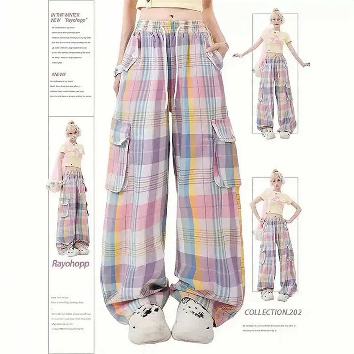 Pastel Plaid Cargo Pants – Y2K Harajuku Streetwear Aesthetic - - Women's Pants