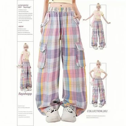 Pastel Plaid Cargo Pants – Y2K Harajuku Streetwear Aesthetic - - Women's Pants