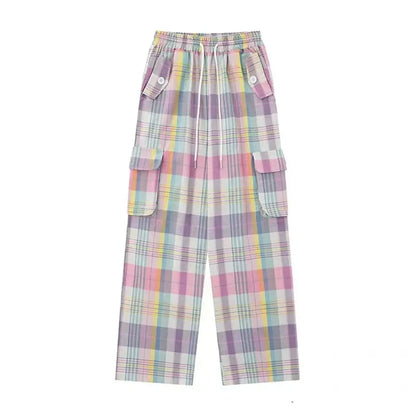 Pastel Plaid Cargo Pants – Y2K Harajuku Streetwear Aesthetic - - Women's Pants