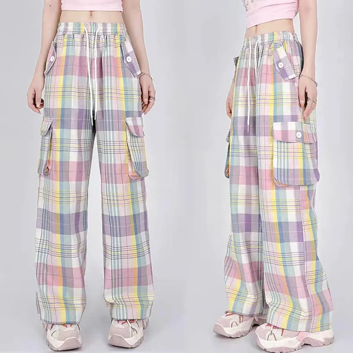 Pastel Plaid Cargo Pants – Y2K Harajuku Streetwear Aesthetic - - Women's Pants