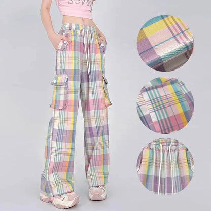 Pastel Plaid Cargo Pants – Y2K Harajuku Streetwear Aesthetic - - Women's Pants
