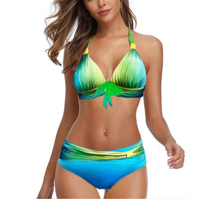 Plus Size Neon Striped Bikini Set Push Up Women High Waist Bikini Set Halter Two Piece Bathing Suits Crisscross Tummy Control Swimsuit Push Up Swimwear Women High Waist Halter Beach Swimwear Retro Bathing Suit Swimming Suit - Light Green - STBK233XHO