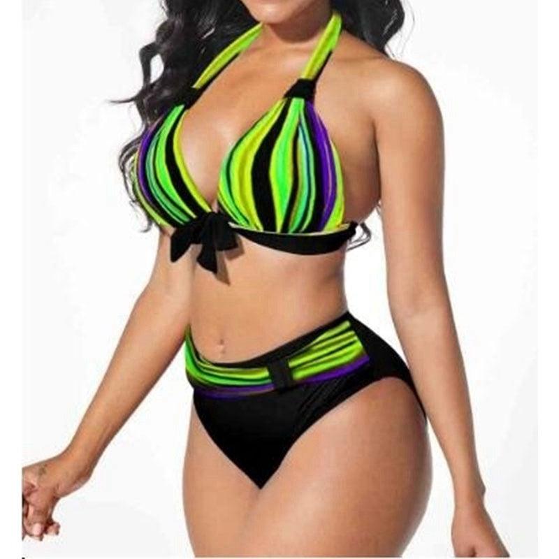Plus Size Neon Striped Bikini Set Push Up Women High Waist Bikini Set Halter Two Piece Bathing Suits Crisscross Tummy Control Swimsuit Push Up Swimwear Women High Waist Halter Beach Swimwear Retro Bathing Suit Swimming Suit - - STBK233XHO