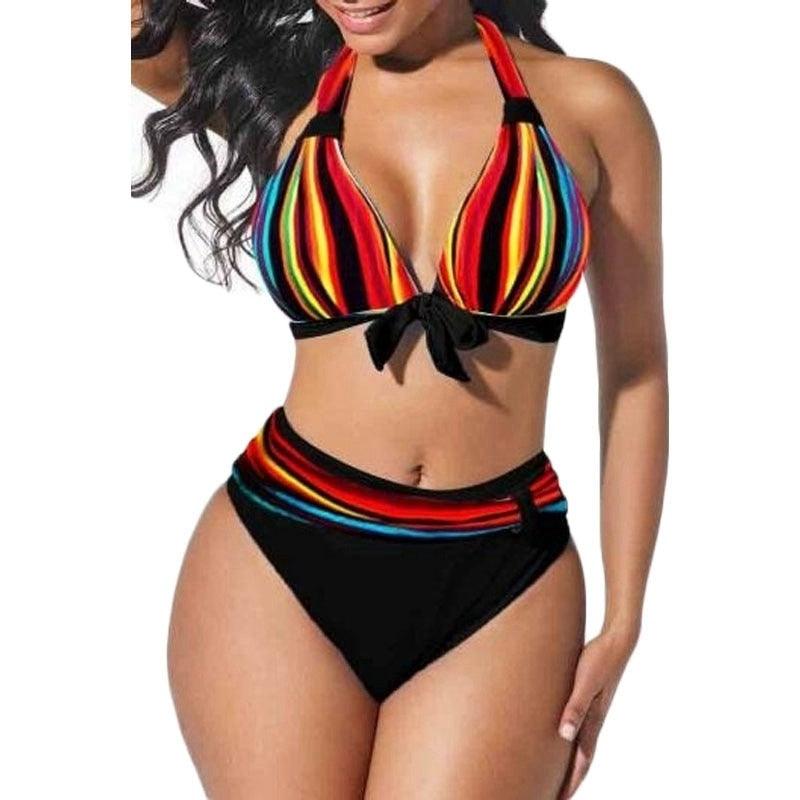 Plus Size Neon Striped Bikini Set Push Up Women High Waist Bikini Set Halter Two Piece Bathing Suits Crisscross Tummy Control Swimsuit Push Up Swimwear Women High Waist Halter Beach Swimwear Retro Bathing Suit Swimming Suit - - STBK233XHO