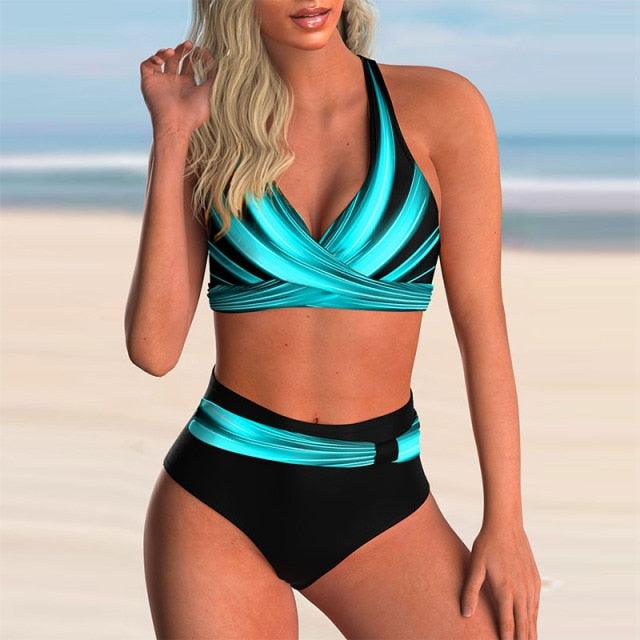 Plus Size Neon Striped Bikini Set Push Up Women High Waist Bikini Set Halter Two Piece Bathing Suits Crisscross Tummy Control Swimsuit Push Up Swimwear Women High Waist Halter Beach Swimwear Retro Bathing Suit Swimming Suit - Sky Blue - STBK233XHO